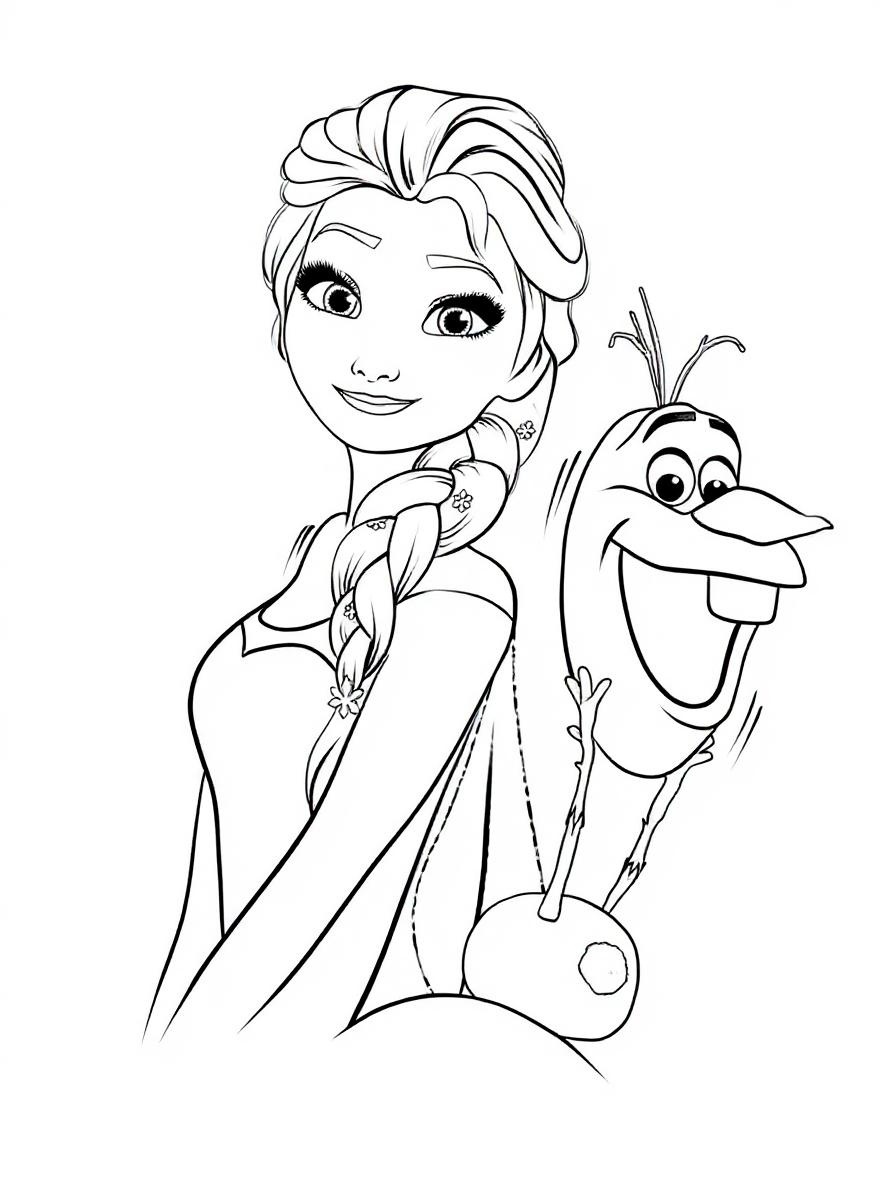 Elsa and Olaf smiling coloring page