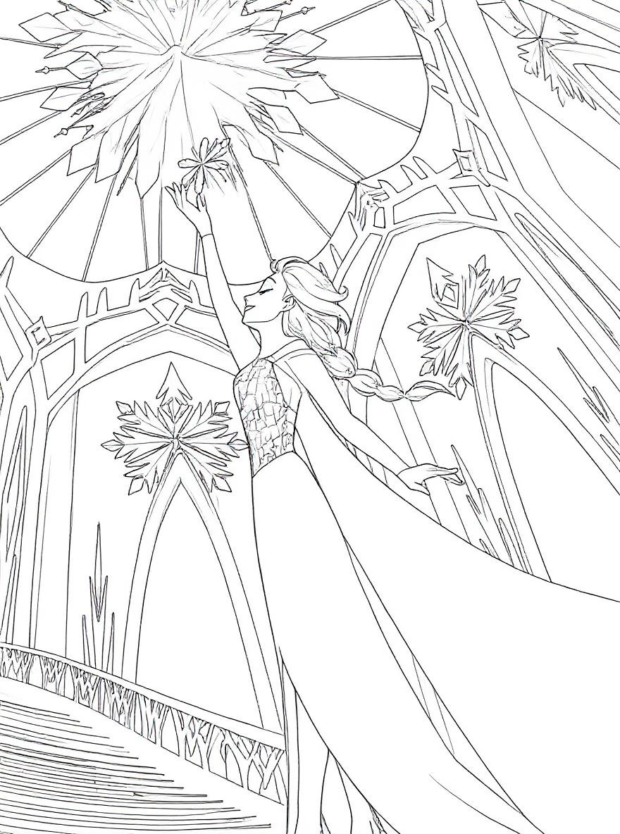 Elsa creating a snowflake coloring page