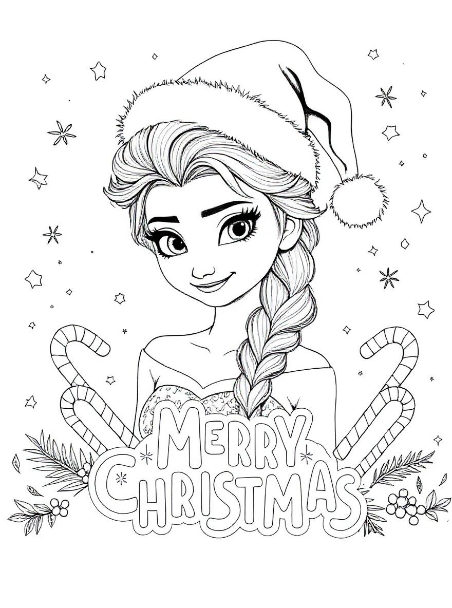 Elsa in Santa hat coloring page