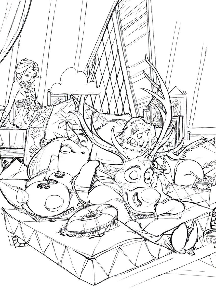 frozen friends slumber party coloring page