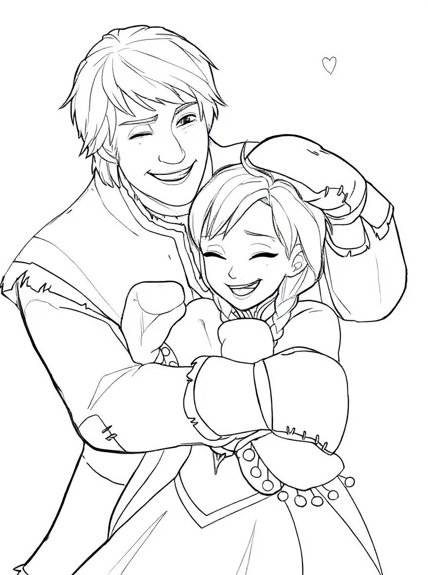 Kristoff and Anna hugging coloring page