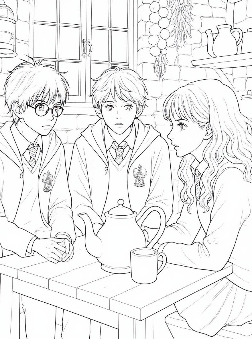 Three friends talking coloring page