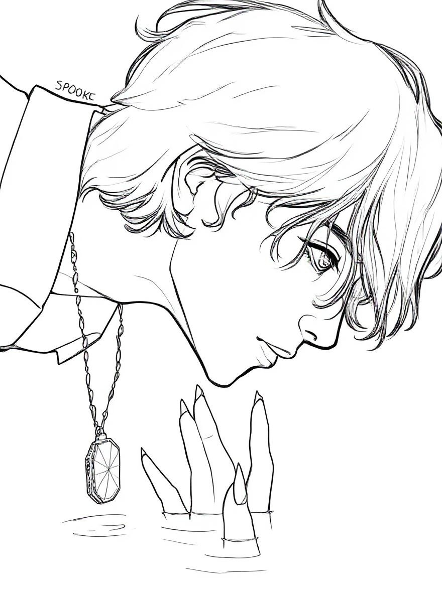 Young man and mysterious hands coloring page