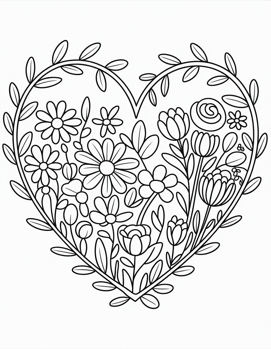 flowers fancy heart coloring page