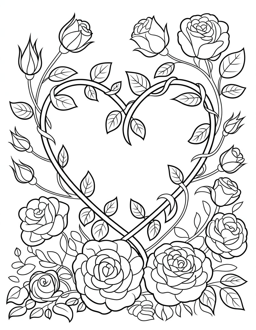 heart with roses coloring page