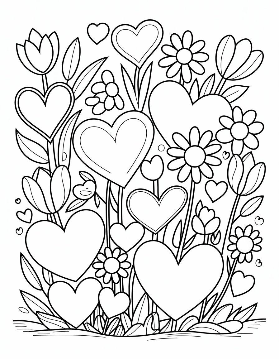 hearts and flowers coloring page