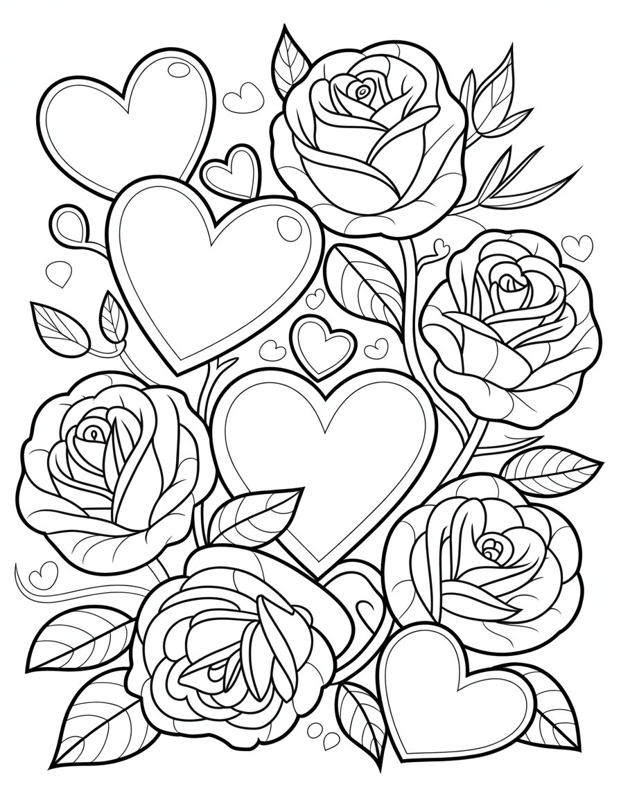 roses and hearts coloring page