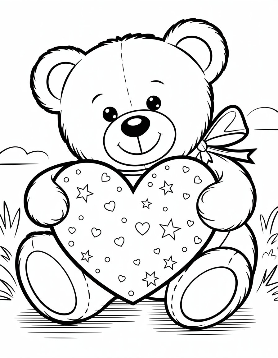 teddy bear holding a heart coloring page