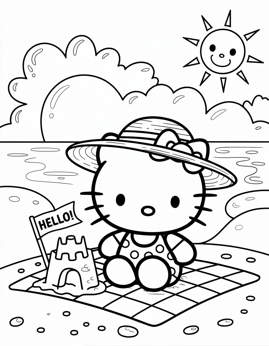 hello kitty beach coloring page