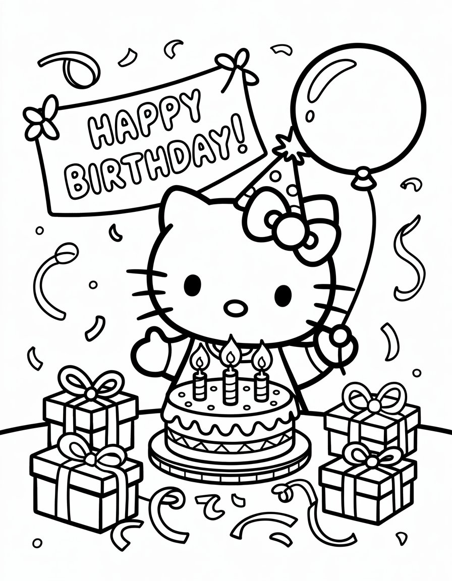 hello kitty birthday coloring page