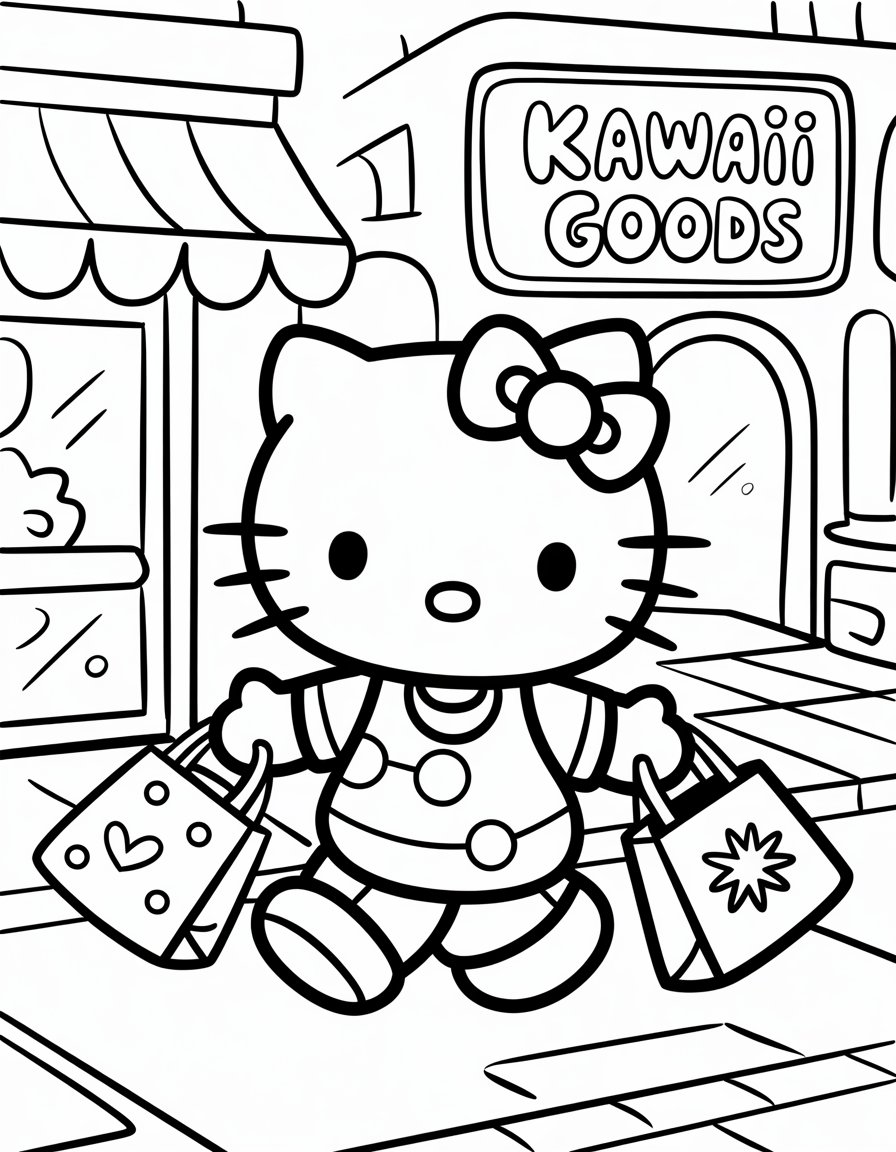 hello kitty shopping coloring page