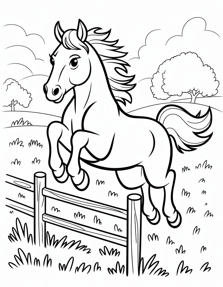 horse jumping pasture