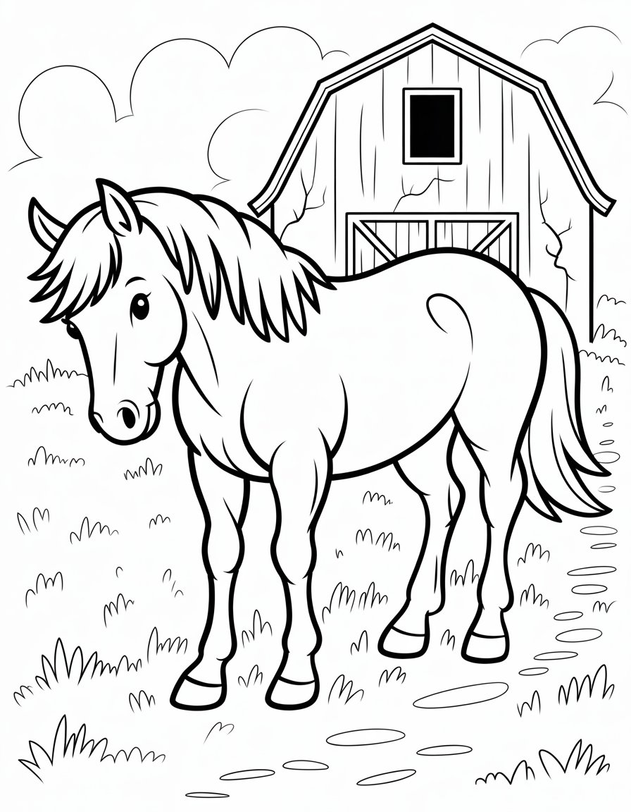horse outside barn