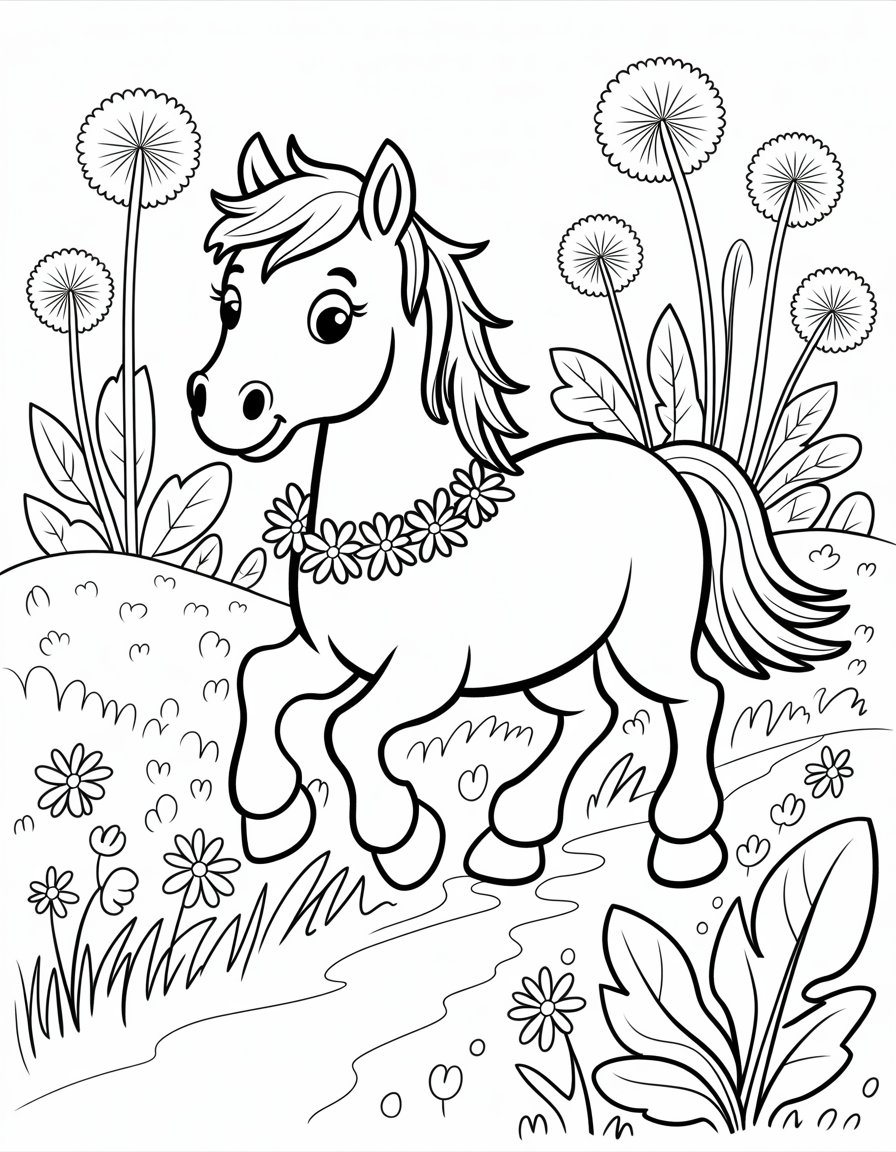 horse through dandelions
