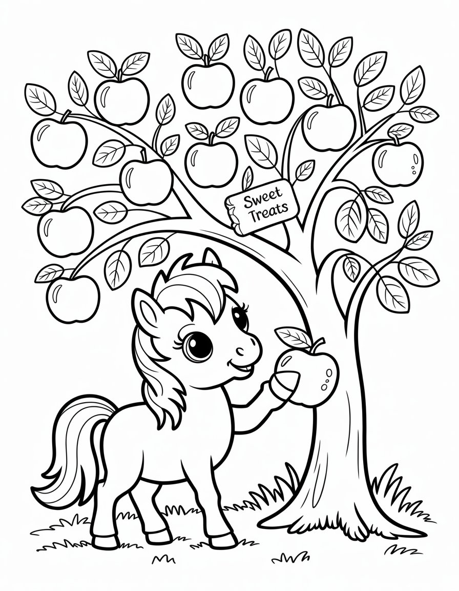 pony with apple tree