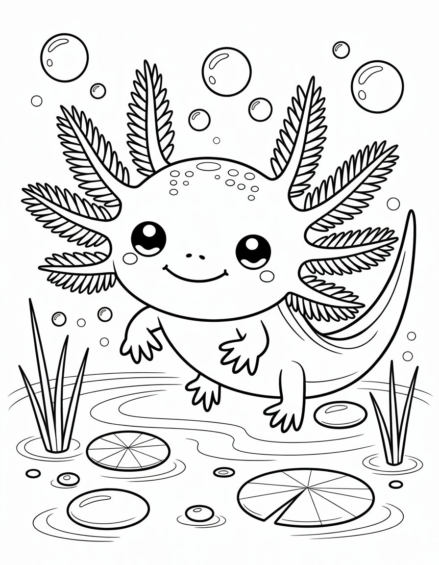 kawaii axolotl coloring page