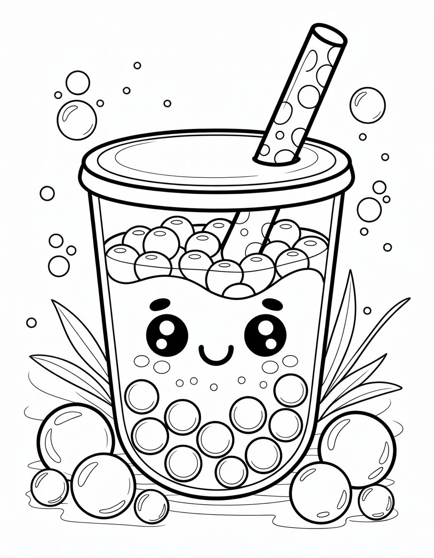 kawaii boba tea coloring page