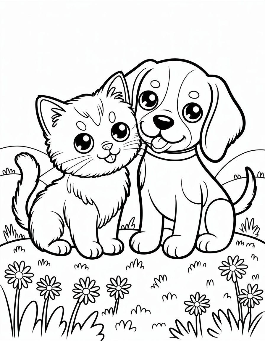 kawaii cat and dog coloring page