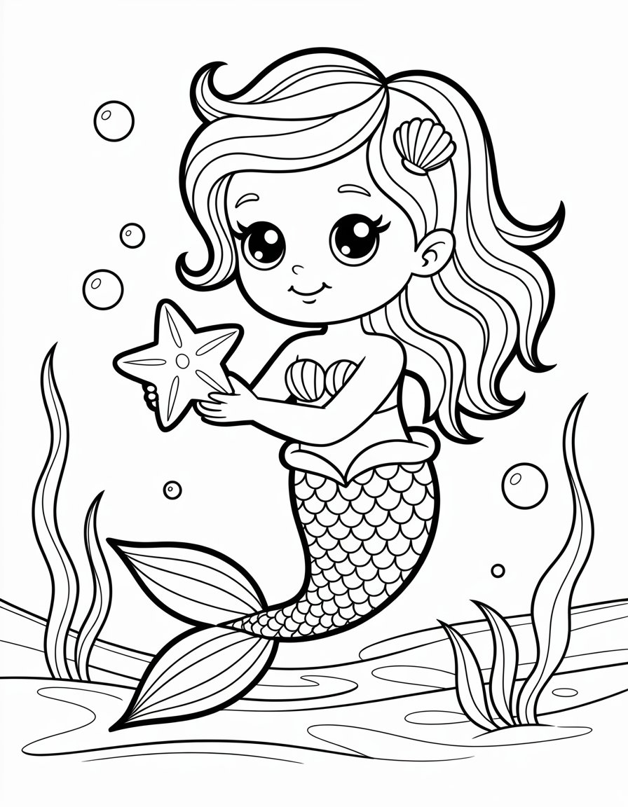 kawaii cute mermaid coloring page