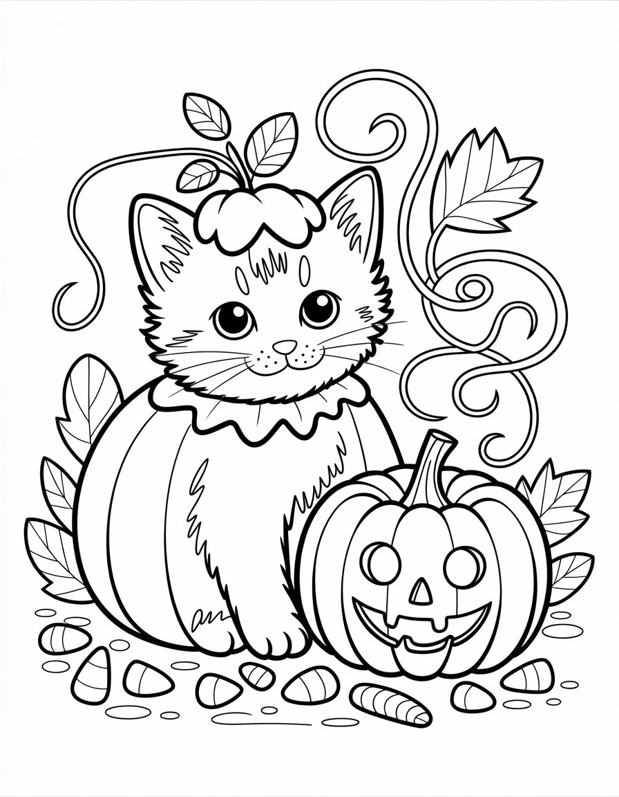 kitten cute halloween cat coloring page