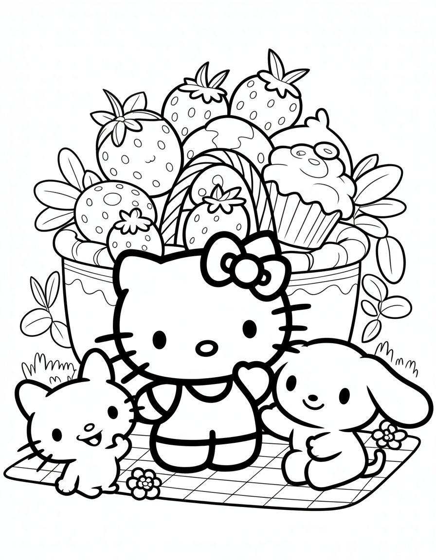 hello kitty kuromi and cinnamoroll coloring page