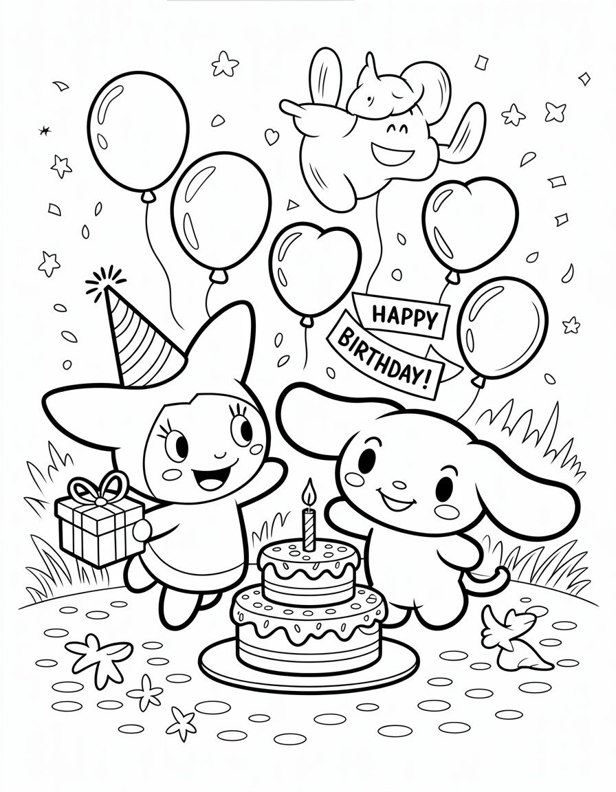 Kuromi and Cinnamoroll Birthday Party Coloring Page