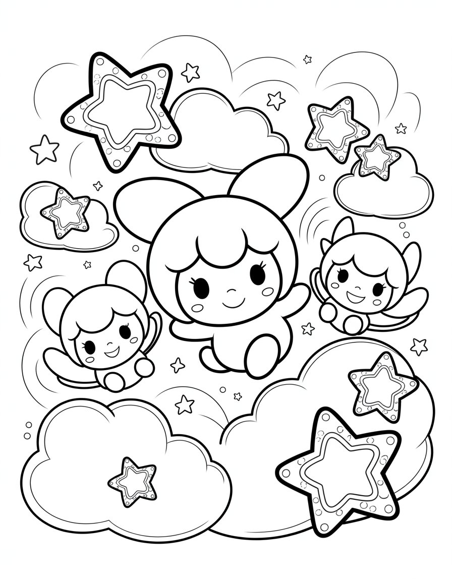 Kuromi and Little Twin Stars Dreamscape Coloring Page