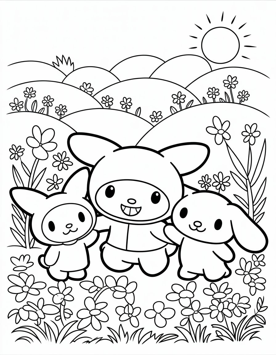 kuromi and my melody and cinnamoroll coloring page