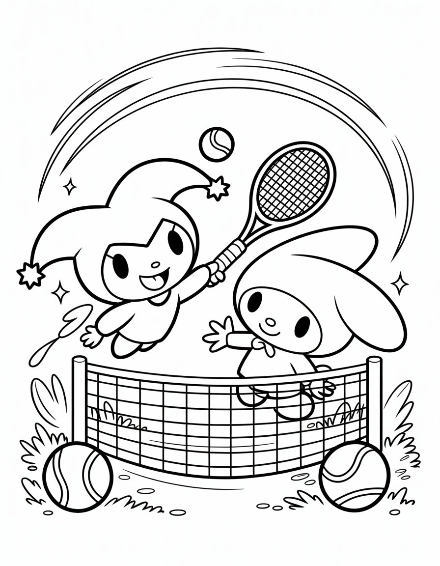 Kuromi and My Melody Playing Tennis Coloring Page