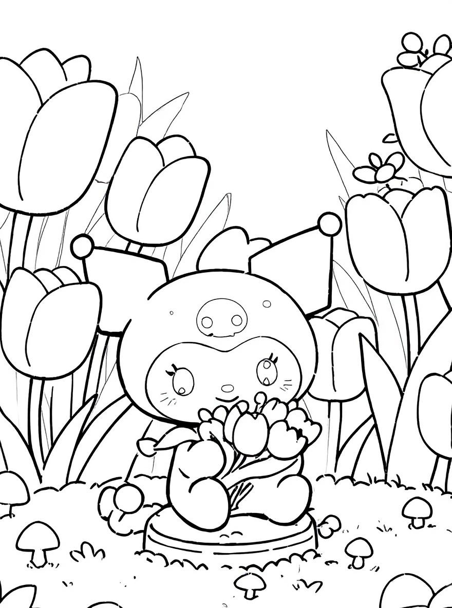 Kuromi collecting flowers coloring page