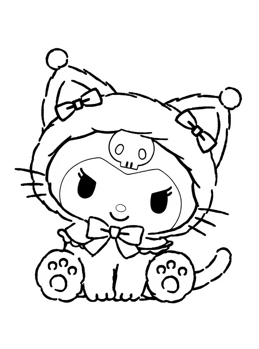 Kuromi in fluffy cat costume coloring page