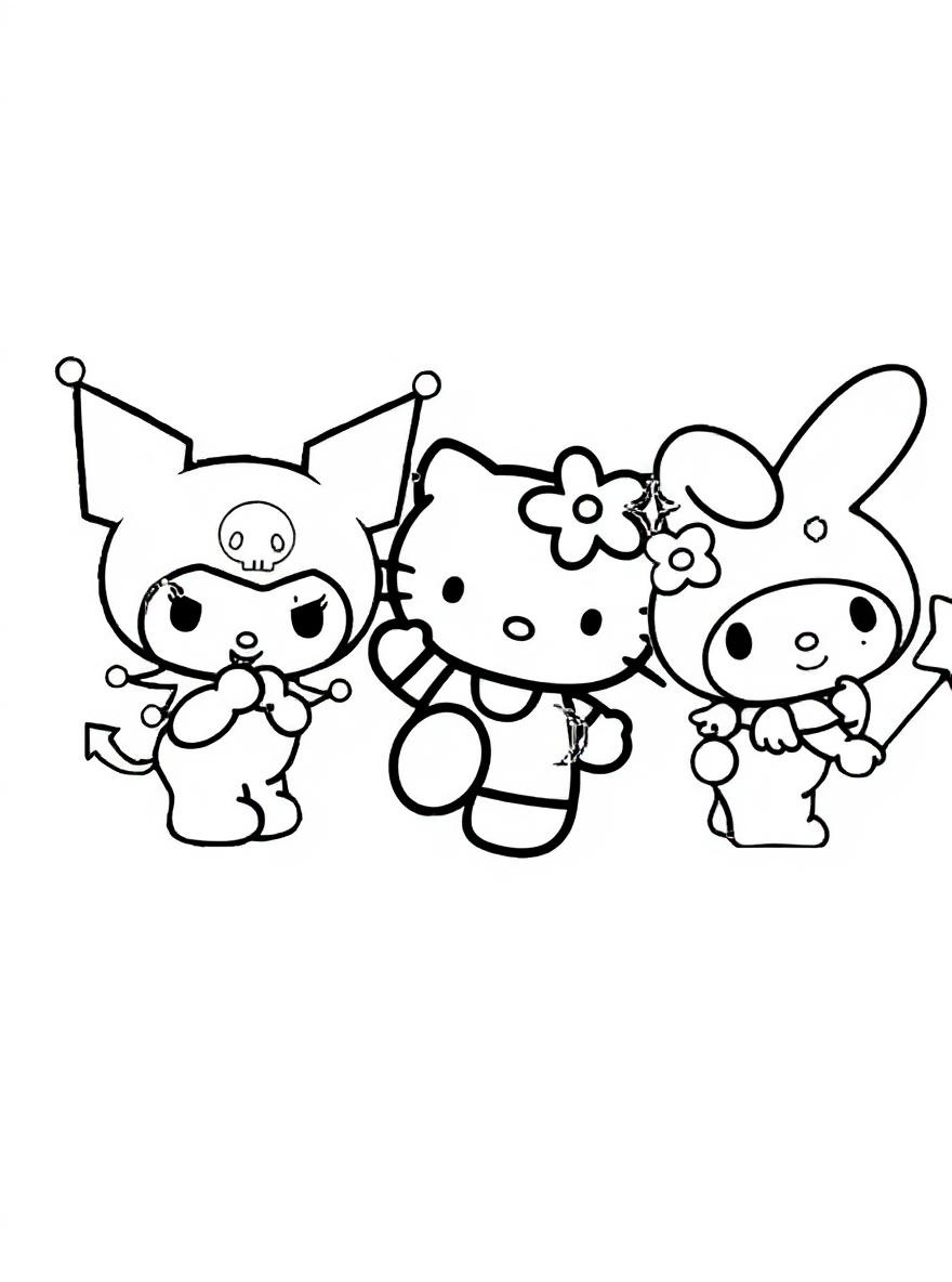 Kuromi My Melody and Hello Kitty coloring page