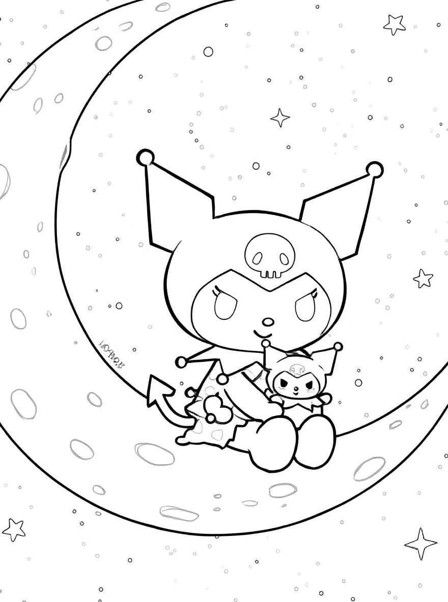 Kuromi on moon with doll coloring page