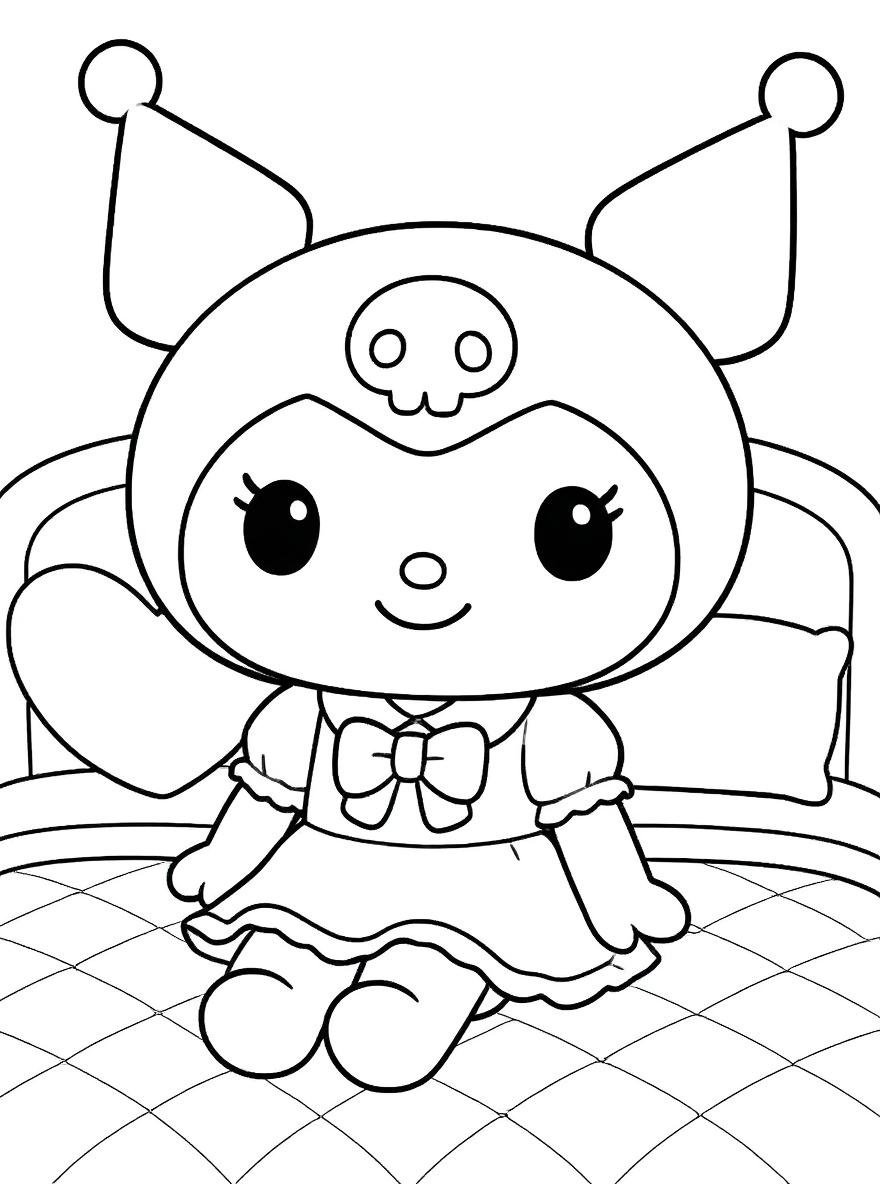 Kuromi sitting on bed coloring page