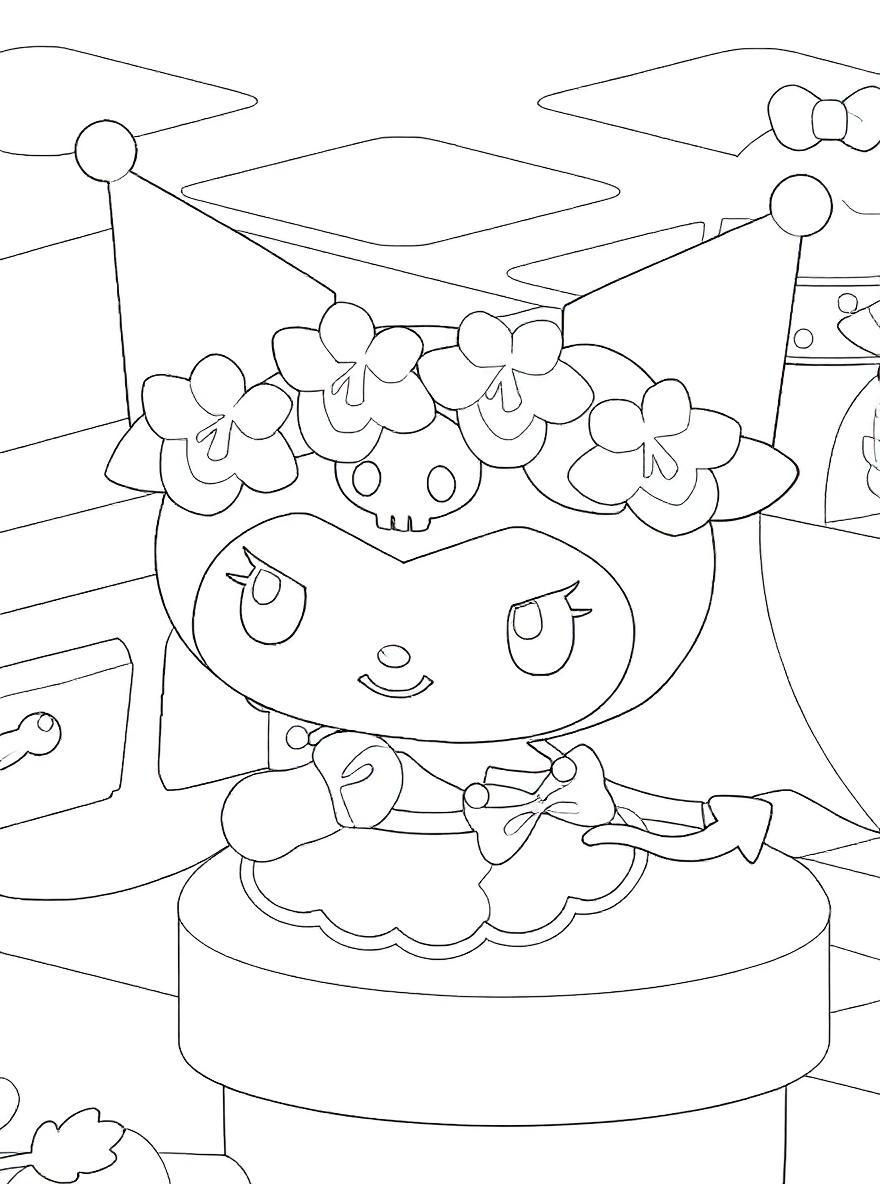 Kuromi wearing flowers coloring page