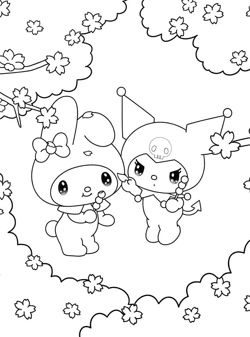 My Melody and Kuromi sharing mochi coloring page