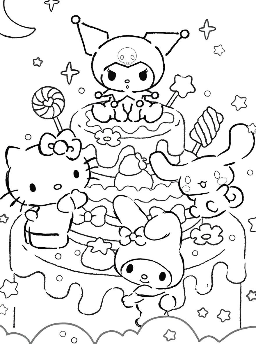 Sanrio characters on a cake coloring page