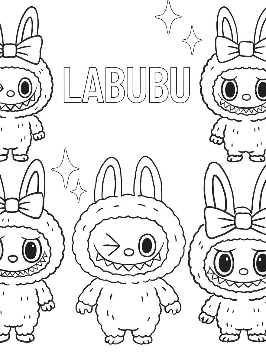 Assorted Labubu bunny characters coloring page