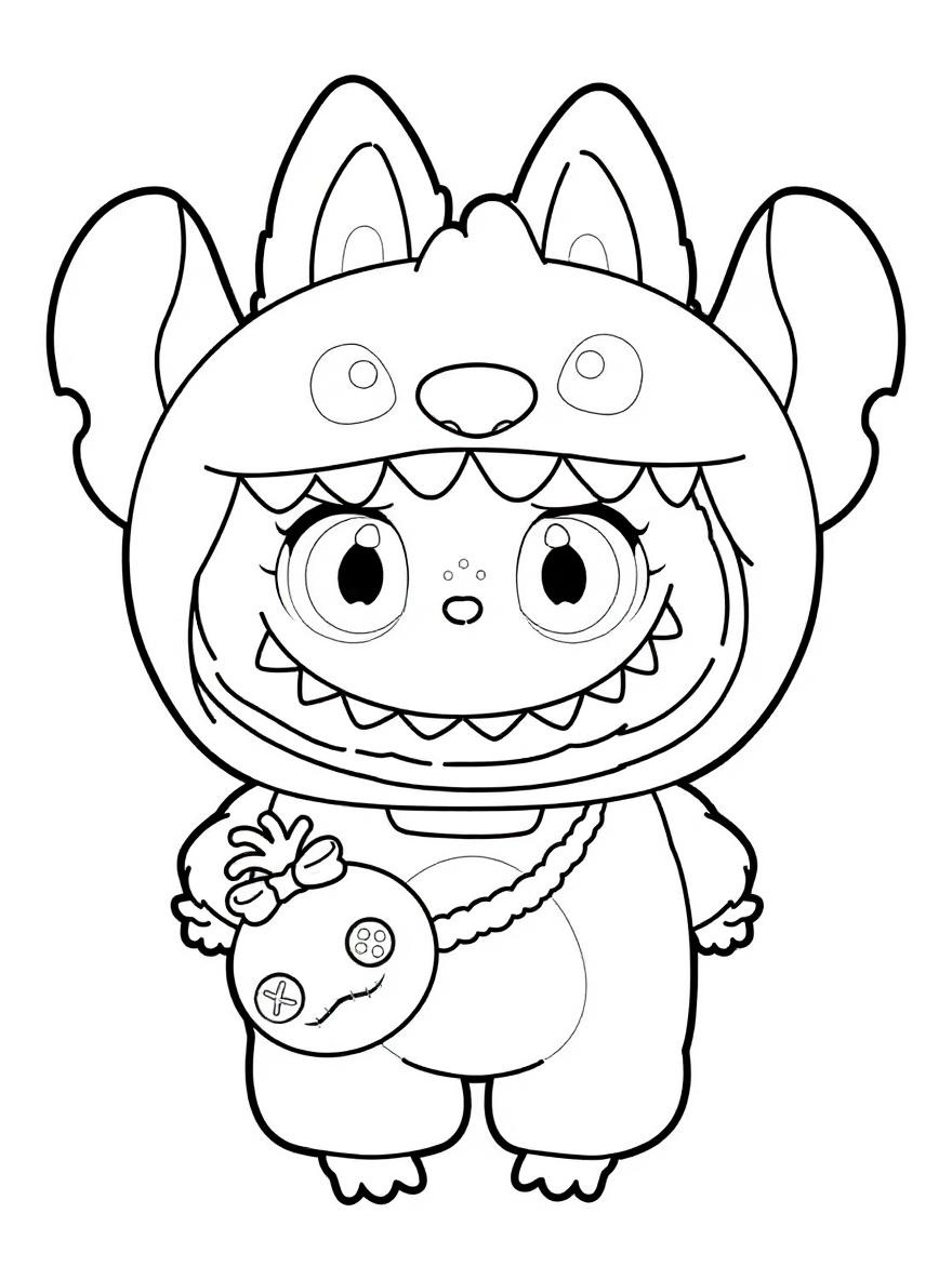 Cute character in stitch costume coloring page