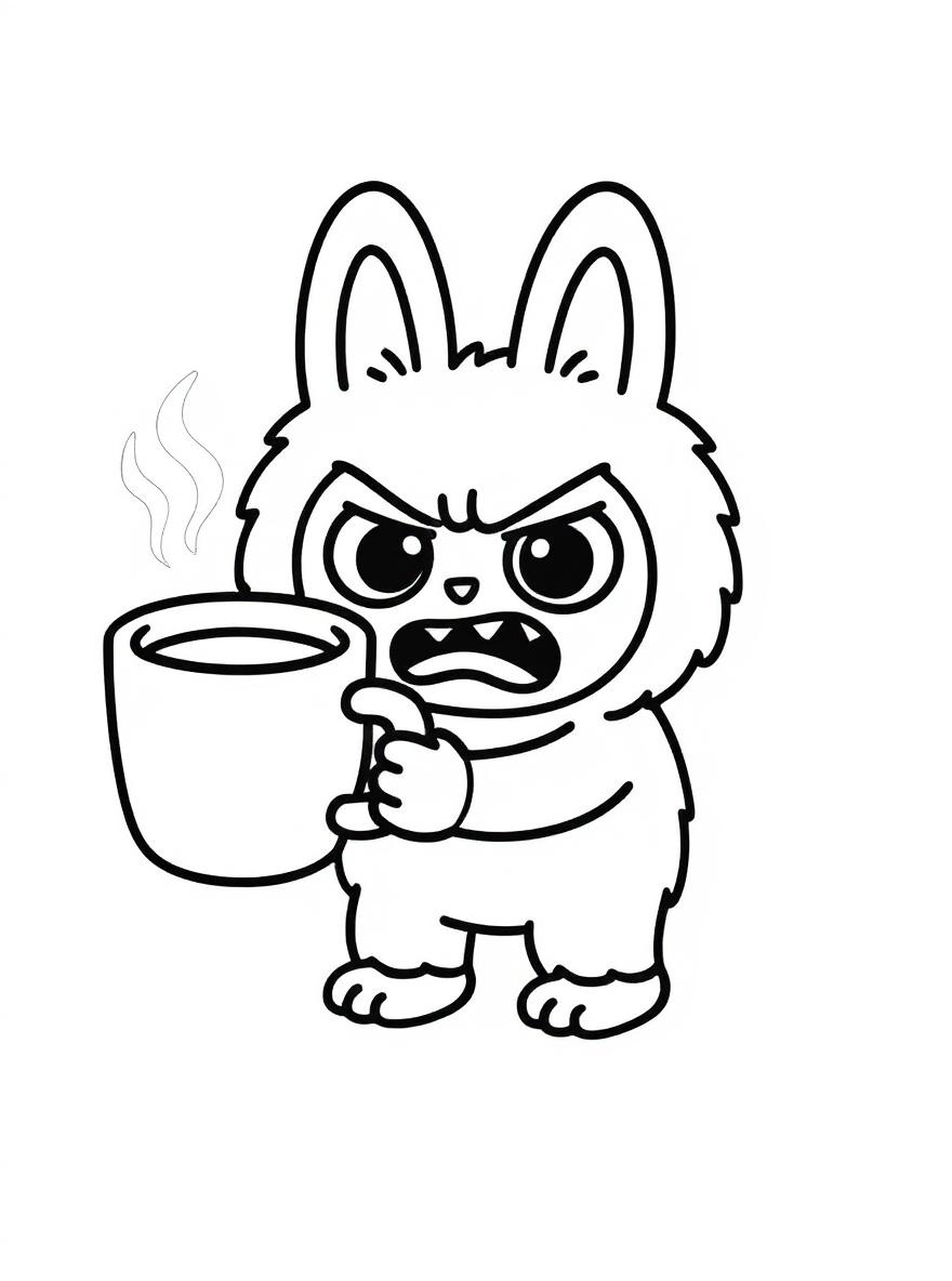 Grumpy labubu with coffee coloring page