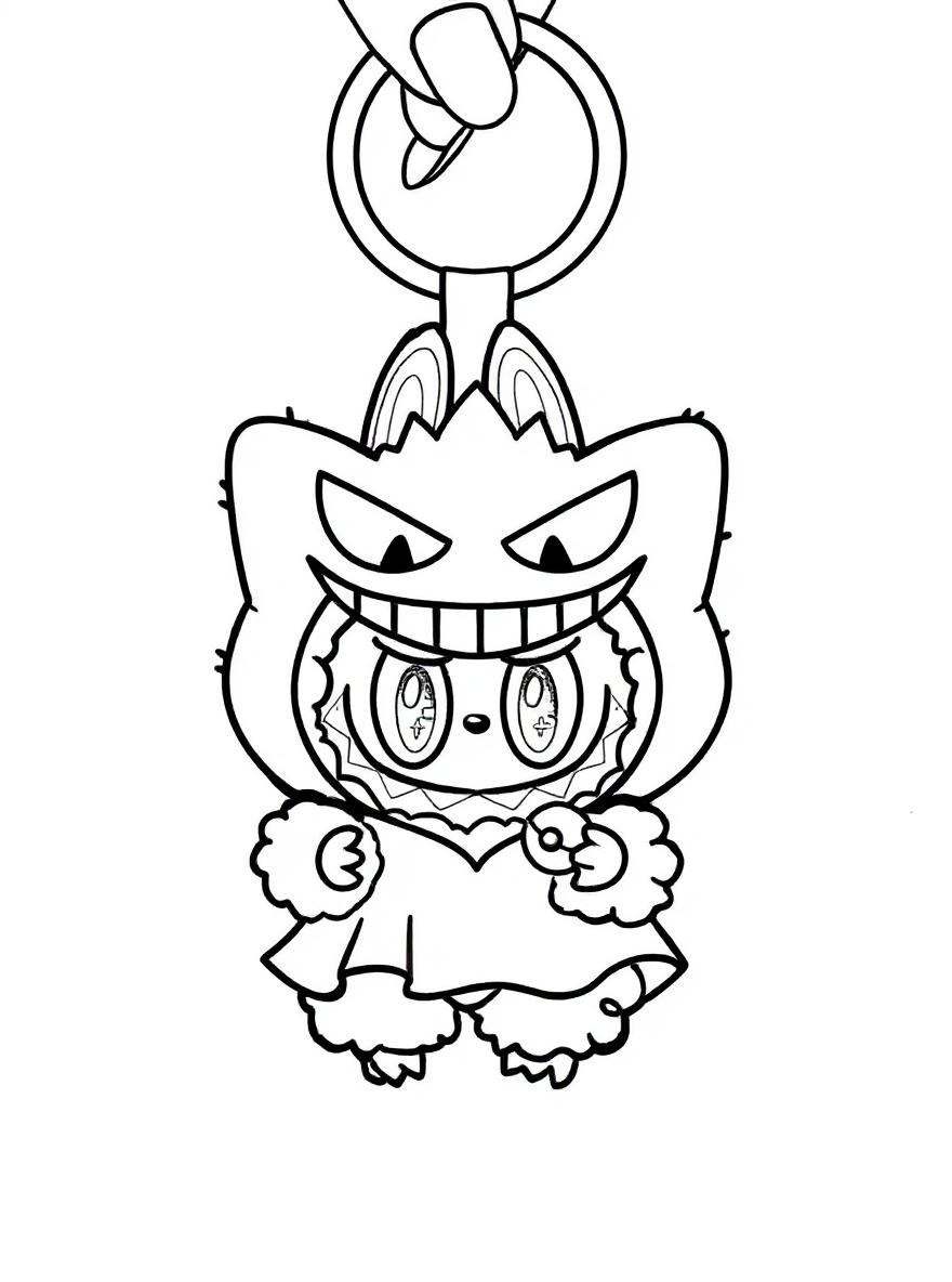 Labubu as Gengar holding pokeball coloring page