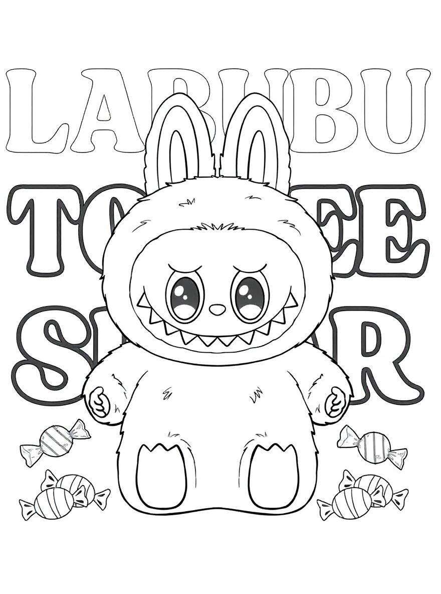 Labubu bunny with candies coloring page