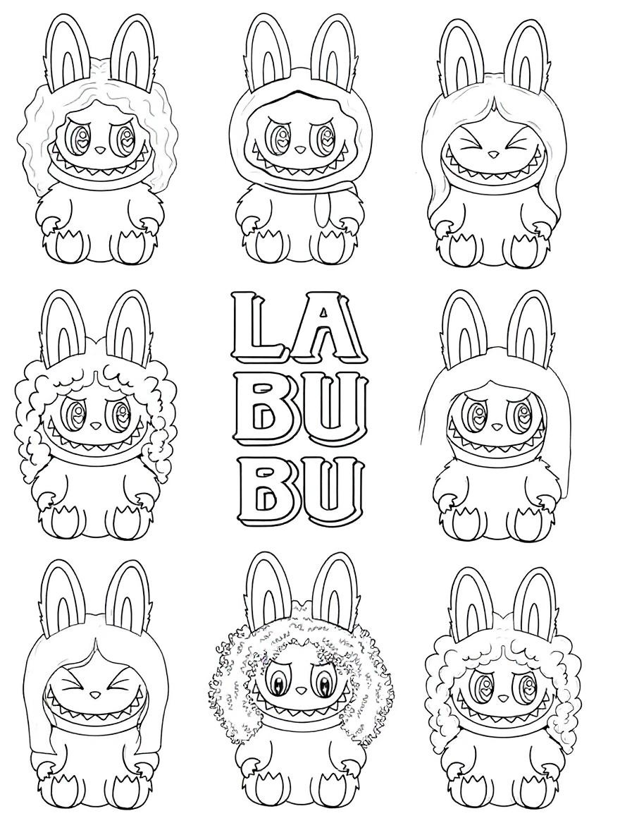 Labubu character collection coloring page