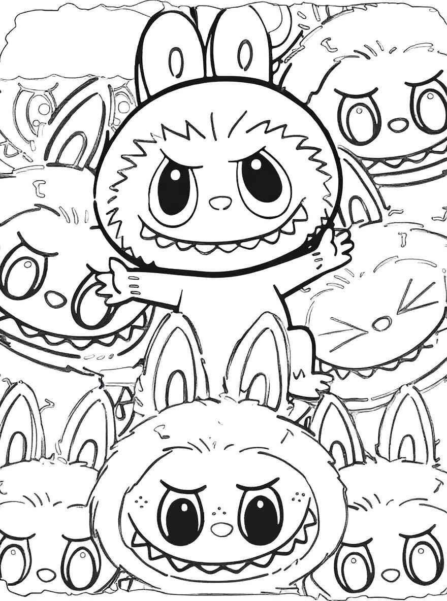 Labubu character crowd coloring page