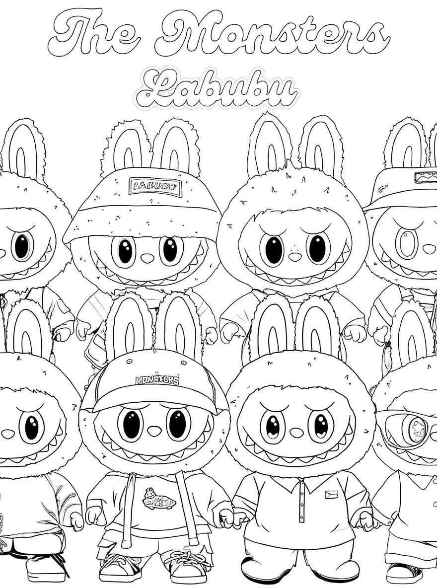 Labubu characters group coloring page