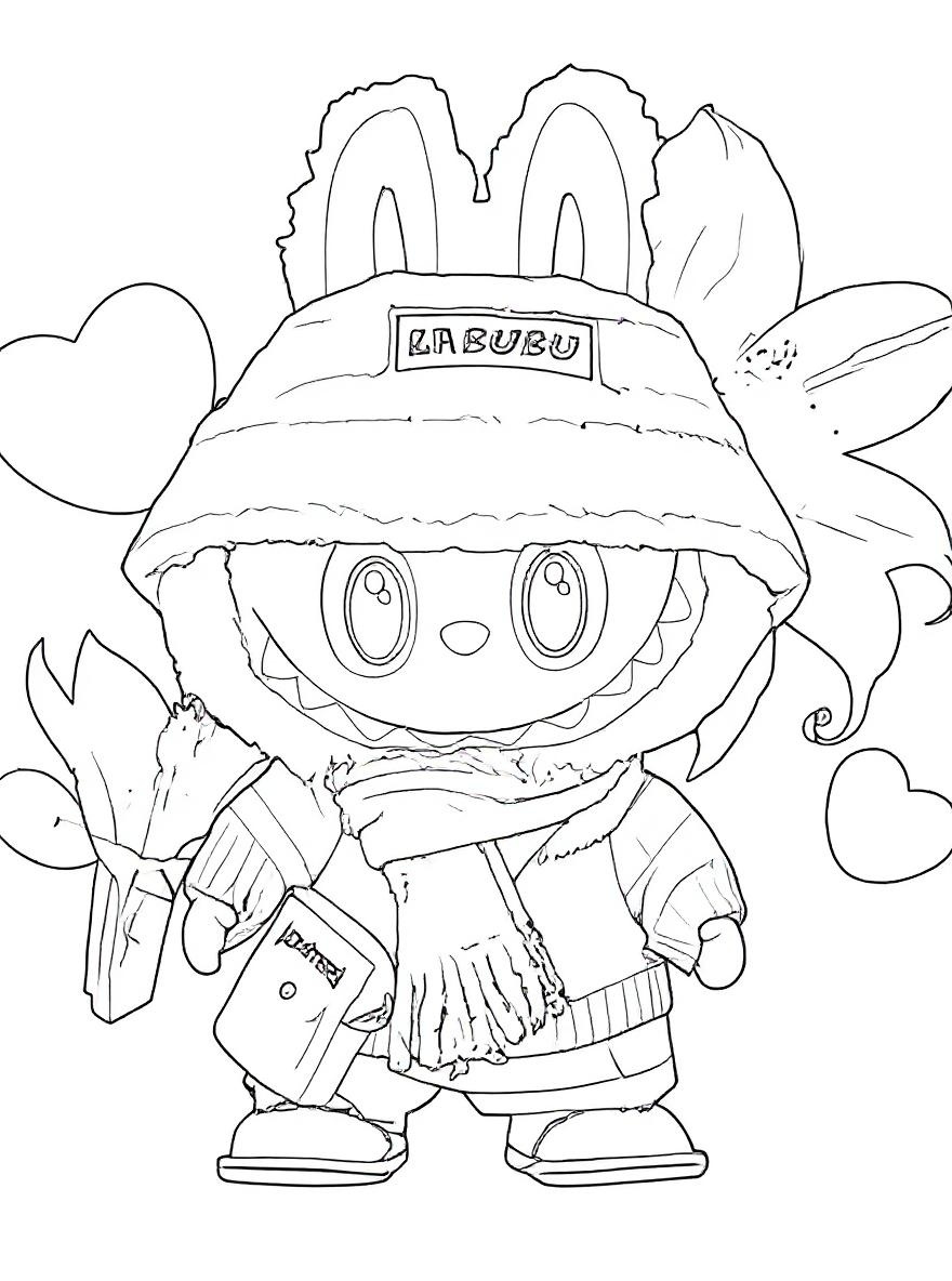 Labubu cozy winter outfit coloring page