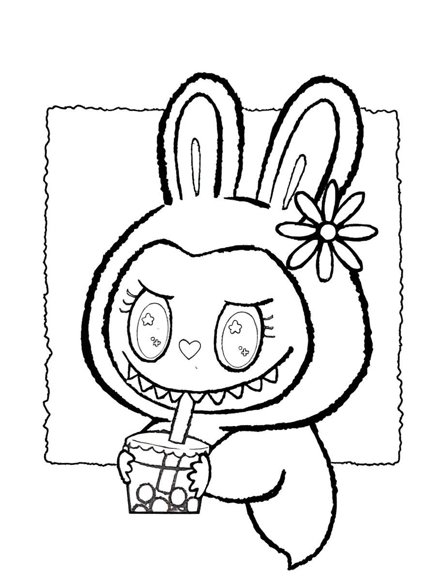Labubu drinking boba coloring page