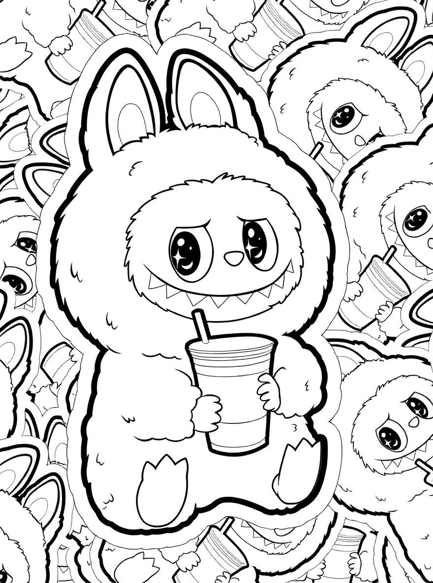 Labubu drinking matcha coloring page