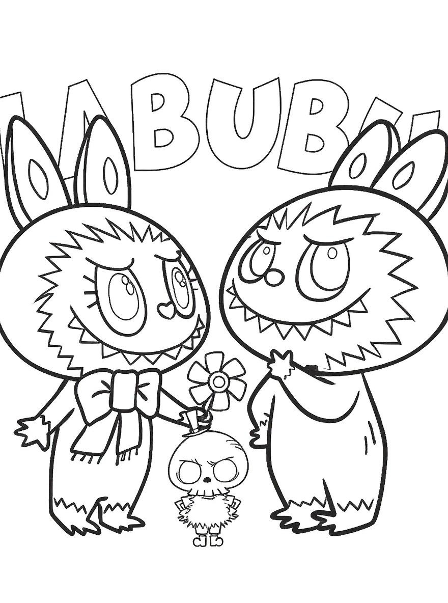 Labubu friends and skull coloring page