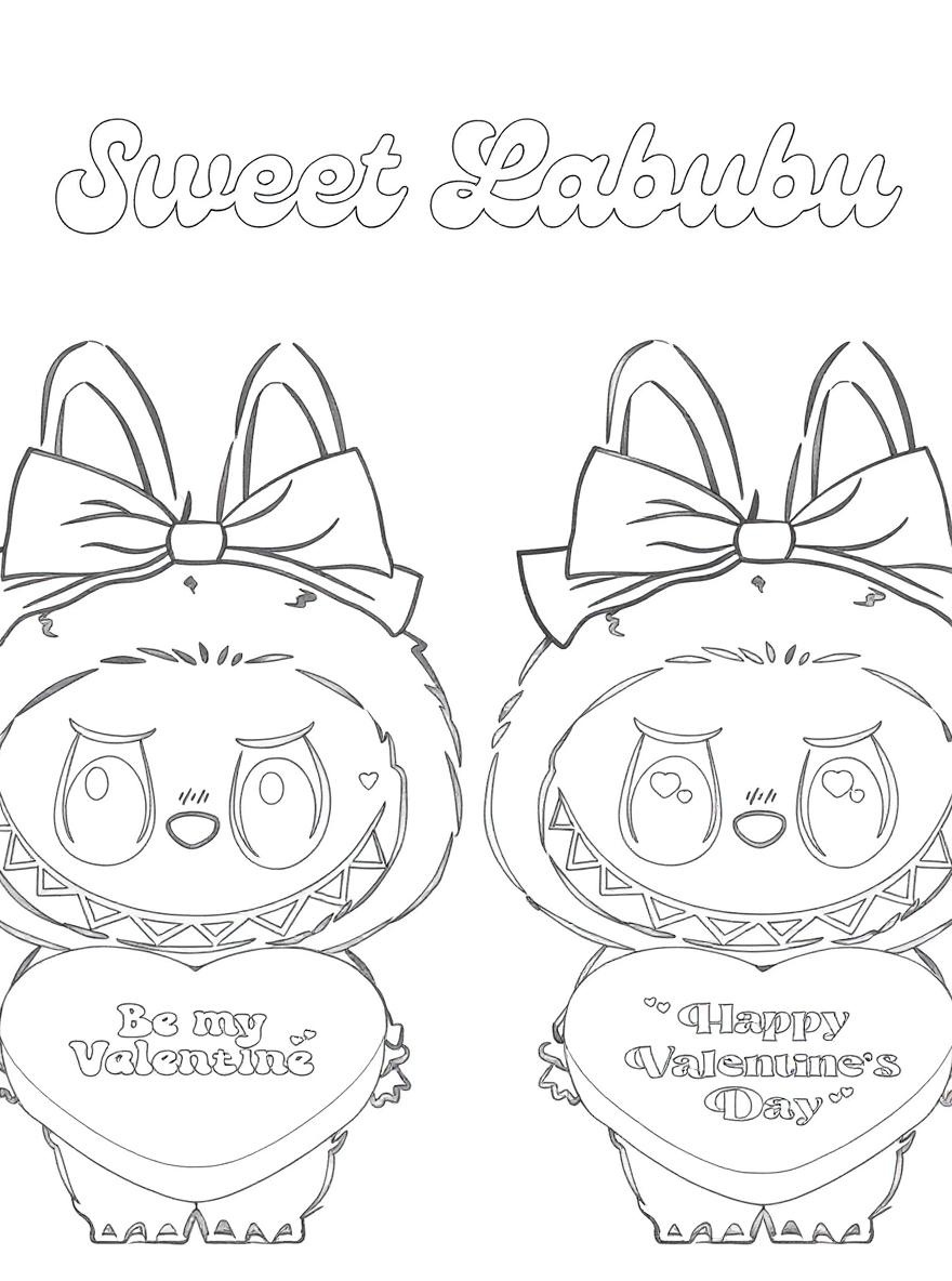 labubu holding valentines hearts coloring page